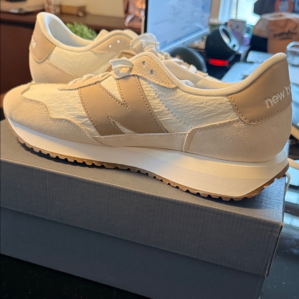 New Balance White and Tan Sneakers